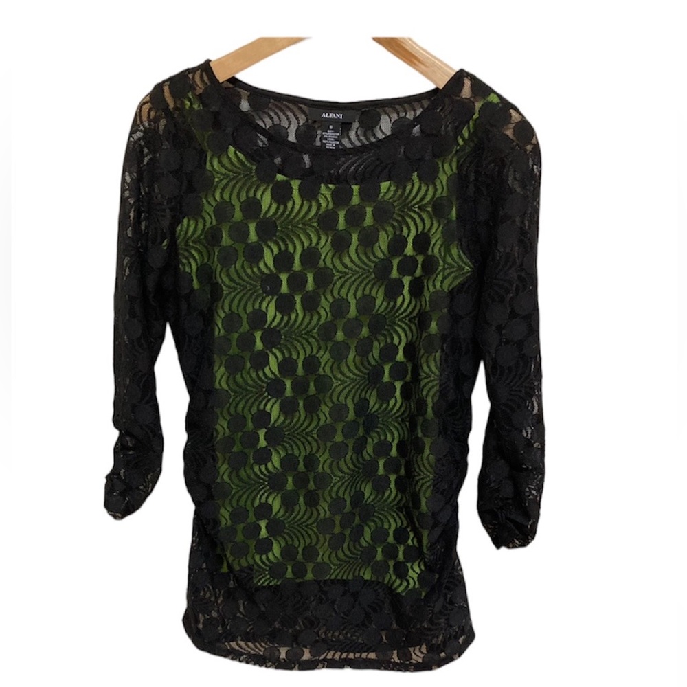 90s Y2K Black Sheer Top with Cami/Neon Lime Green Camisole S-M